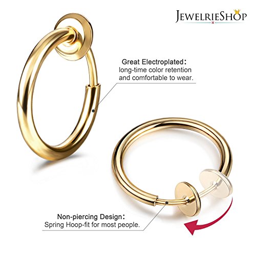 JewelrieShop Retractable Earrings Fake Hoop Fake Nose Ring Non Pierced Earrings Fake Cartilage Piercing Clip On Nose Ring Septum Ring for Women (1 Pair, Black/Silver/Gold/White) - color: #02. Gold Tone x 1 Pair
