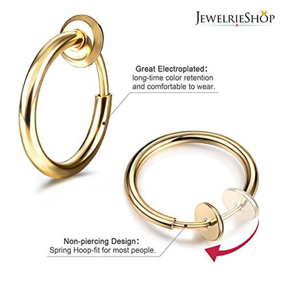 JewelrieShop Retractable Earrings Fake Hoop Fake Nose Ring Non Pierced Earrings Fake Cartilage Piercing Clip On Nose Ring Septum Ring for Women (1 Pair, Black/Silver/Gold/White) - color: #02. Gold Tone x 1 Pair