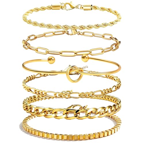 Alegend 14K Gold Plated Stackable Multilayer Bracelets + Titanium Steel(Not Rust, Resist Corruption, Easily Clean) 18K Gold Plated Single Bracelets - color: 14K Gold Plated Six-Layered