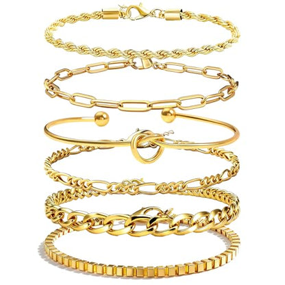 Alegend 14K Gold Plated Stackable Multilayer Bracelets + Titanium Steel(Not Rust, Resist Corruption, Easily Clean) 18K Gold Plated Single Bracelets - color: 14K Gold Plated Six-Layered