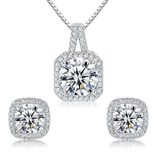 Cubic Zirconia Necklace and Earrings Set for Women 14K White Gold Plated Bridesmaid Silver Jewelry Set for Women Pendant Necklace Hypoallergenic Stud Earrings Set Jewellery Gift for Mom Wife Bride Bridesmaid - color: White-Square Shape