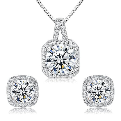 Cubic Zirconia Necklace and Earrings Set for Women 14K White Gold Plated Bridesmaid Silver Jewelry Set for Women Pendant Necklace Hypoallergenic Stud Earrings Set Jewellery Gift for Mom Wife Bride Bridesmaid - color: White-Square Shape