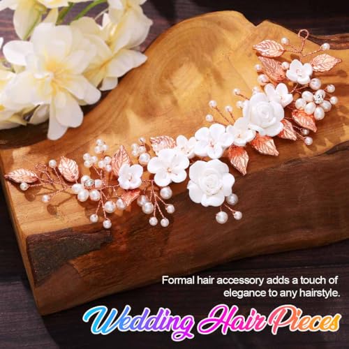 Flower Bride Wedding Hair Vine Pearl Bridal Hair Piece Leaf Hair Accessories Rhinestone Headband for Women (Rose Gold) - color: Rose Gold