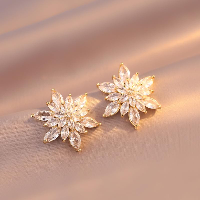 Crystal Flower Burst Stud Earrings Elegant Hypoallergenic Large Big Sparkly CZ Cubic Zirconia Rhinestone Earrings Bridal Wedding Party Prom Costume Jewelry for Women Birthstone Birthday Gift - color: White