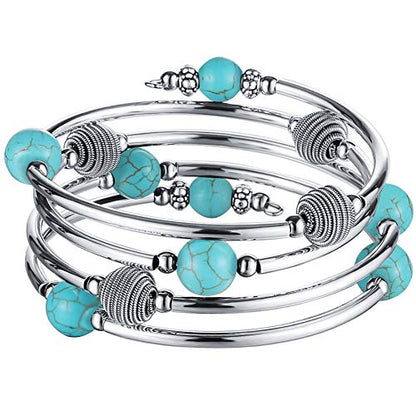 PEARL&CLUB Beaded Chakra Bangle Turquoise Bracelet - Fashion Jewelry Wrap Bracelet with Thick Silver Metal and Mala Beads, Birthday Gifts For Women - color: 63-Turquoise Blue
