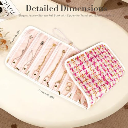 Abiudeng Tweed Travel Jewelry Organizer Roll with 20 Compartments - Rhinestone Button, Anti-Tarnish & Tangle-Free Necklace Storage Bag, Velvet Lined Scratch Protection Case for Women - Pink - color: Pink