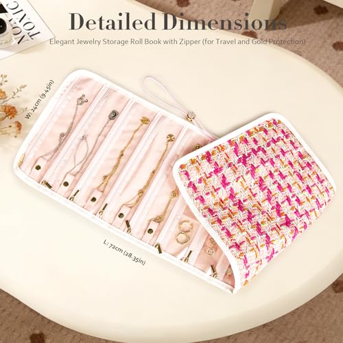 Abiudeng Tweed Travel Jewelry Organizer Roll with 20 Compartments - Rhinestone Button, Anti-Tarnish & Tangle-Free Necklace Storage Bag, Velvet Lined Scratch Protection Case for Women - Pink - color: Pink