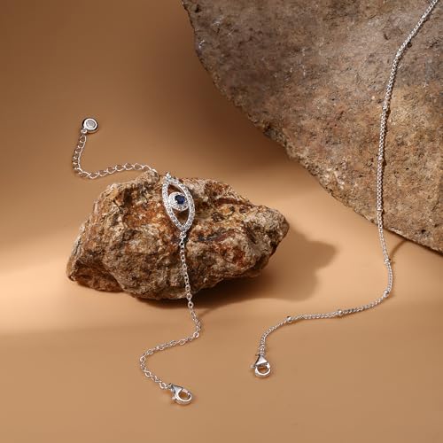 MILACOLATO 925 Sterling Silver Clasp Paperclip Chain Bracelets for Women | 14K White Gold Plated Adjustable Bracelets, Dainty Stackable Layered Satellite Beads Evil Eye Infinity Bracelets Jewelry Gift - color: Evil Eye Chain + Satellite Chain