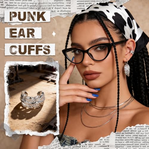 Gothic Clip On Ear Cuff Stainless Steel No Piercing Helix Cartilage | Hypoallergenic,Non Piercing Helix Cartilage,Gold Silver,Fake Earring,Lightweight,Punk Gothic Jewelry Gift Women Men - color: K8-Silver Leaf Design