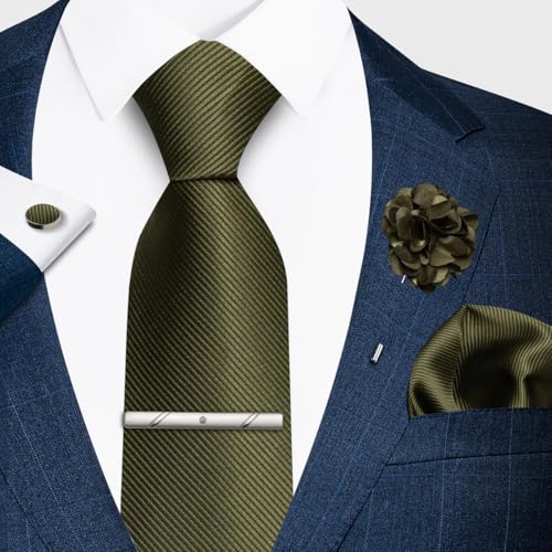joy alice 30 Colors Solid Ties for Man Pure Color Men's Tie Set with Lapel Pin Pocket Square Tie Clip - color: Olive Green