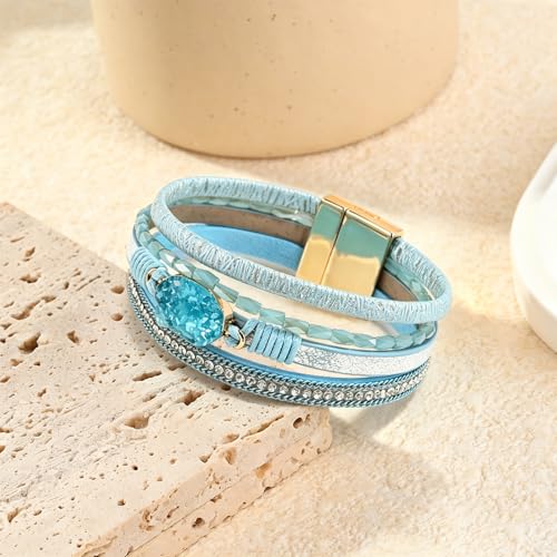 Wrapped Bracelets for Women,Leather Boho Bracelets for Women - color: Beads-Teal