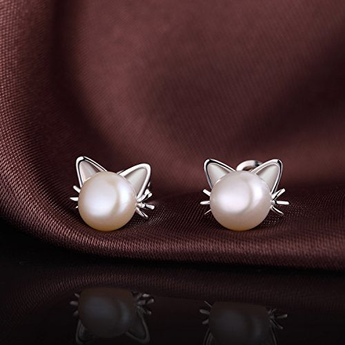 Han han Pearl Stud Earrings for Women 925 Sterling Silver, Pearl Jewelry Gift for Women 8MM-13MM - style: F-Cat Pearl Studs-8mm