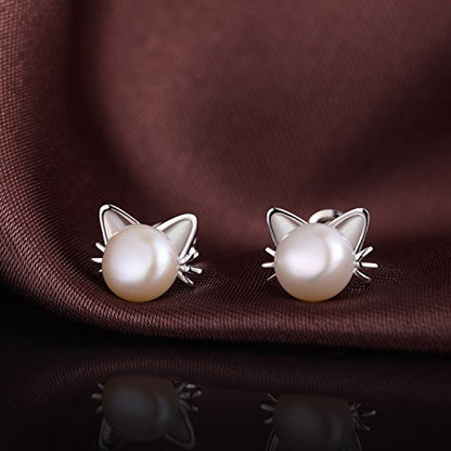 Han han Pearl Stud Earrings for Women 925 Sterling Silver, Pearl Jewelry Gift for Women 8MM-13MM - style: F-Cat Pearl Studs-8mm