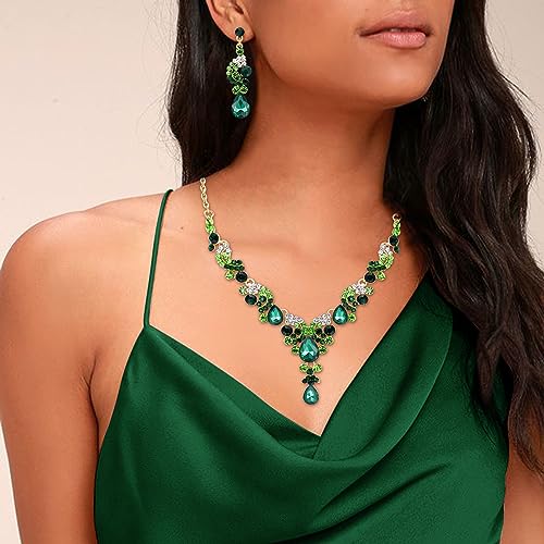 EVER FAITH Rhinestone Crystal Bridal Floral Wave Teardrop Necklace Earrings Set - color: 2pcs_Green