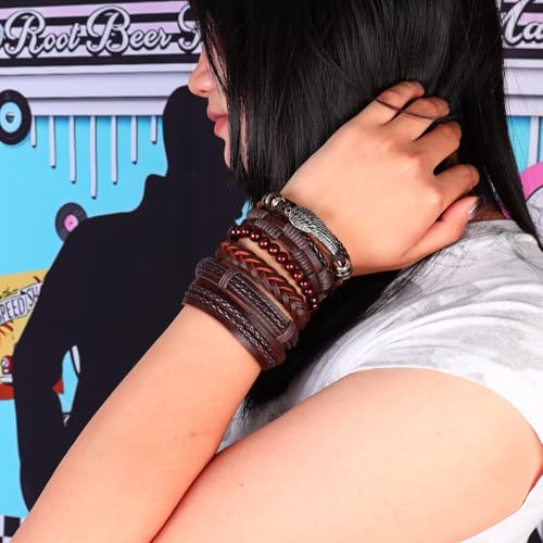 6-12PCS Braided Faux Leather Bracelet Punk Cuff Wrap Bracelets for Men Women Adjustable - color: A1:6pcs