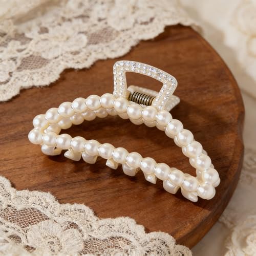 2PCS White Pearl Hair Clips Elegance Pearl Claw Clip Large Non-Slip Hair Claws for Women Girls Strong Hold Jaw Clip for Thick and Thin Hair