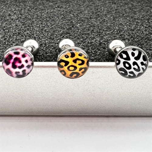 Leopard Print Tongue Ring for Women 14G Stainless Steel Circle Straight Barbell Tongue Rings Internally Threaded 5/7 Inches Piercing Jewelry - color: Pink