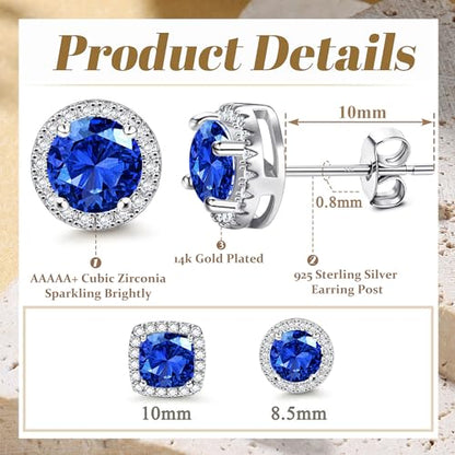 18K Gold Plated Halo Stud Earrings 925 Sterling Silver Cubic Zirconia Stud Earrings Round Square Diamonique Stud Earrings Set for Women Men - color: Silver&Blue