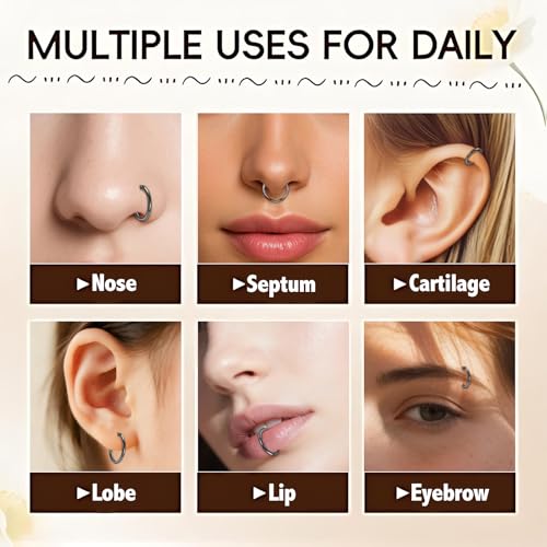 10Pcs Gold Nose Ring Hoop 18G/20G Clicker Nose Hoops Hypoallergenic Stainless Steel Nose Piercings Jewelry Gold Nose Jewelry Septum Helix Cartilage Lip Body Piercings for Women Men 7mm 8mm 9mm 10mm 12mm - color: Black-20G
