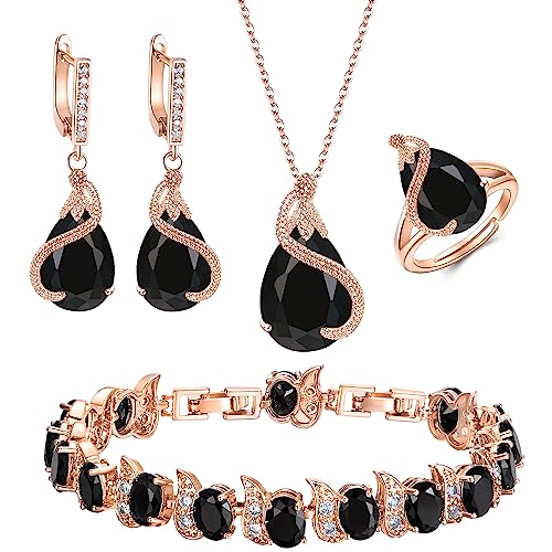 EVER FAITH Pear Cubic Zirconia Wedding Jewelry Set for Bride Bridesmaid - color: Black Rose Gold-Plated-Brass