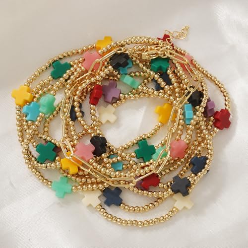 Colorful Stackable Rice Small Mini Seed Beaded Bracelets Set For Women, Handmade Dainty Boho Gold Glass Stretch Accessories Jewelry,Summer Beach Party Daily Friendship Gift - color: 11Pcs Cross