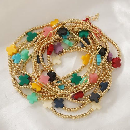 Colorful Stackable Rice Small Mini Seed Beaded Bracelets Set For Women, Handmade Dainty Boho Gold Glass Stretch Accessories Jewelry,Summer Beach Party Daily Friendship Gift - color: 11Pcs Cross