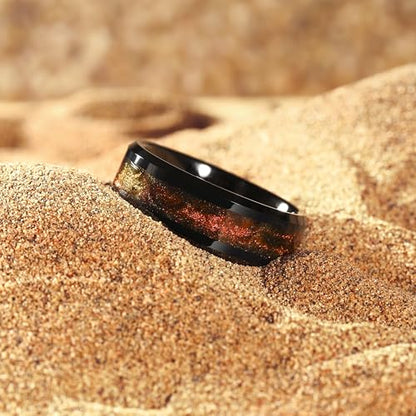 King Will Mens Galaxy Tungsten Wedding Band | 6mm/8mm, Beveled Edge, Comfort Fit, Durable, Sandstone Opal Inlay Polished, Everyday Wear - color: Black&Orange Sand
