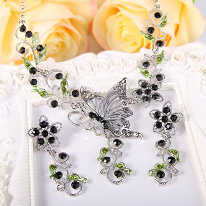 EleQueen Women's Crystal Butterfly Flower Leaf Necklace Earrings Set | Crystal Jewelry Set for Brides Bridesmaids, Necklace Set for Party - color: Black