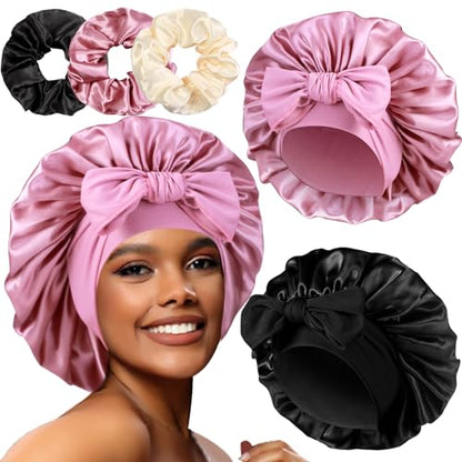 2+3 Large Satin Bonnets with Scrunchies for Women, Hair Bonnet Sleeping Tie Bonnet for Braids Curly Hair - color: #a - Black, Rose Gold