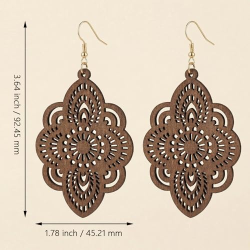 Boho Black Filigree Dangle Earrings for Women, Lightweight Hollow Lace Drop, Wood, 3.34" x 1.69", Bohemian Jewelry - color: Brown