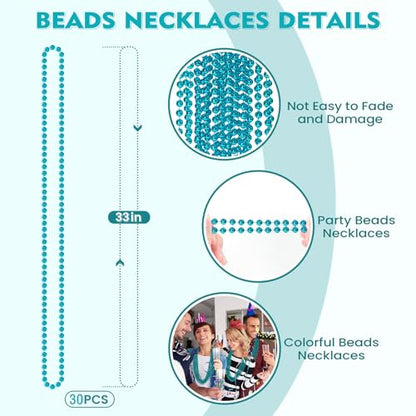 SHAOQINLIN 30 PCS Teal Bead Necklace, Teal Mardi Gras Beads, Turquoise Party Beads Necklaces Bulk Round Beaded Necklaces for Mardi Gras, Christmas, School Spirit Day Party Favors - color: Teal