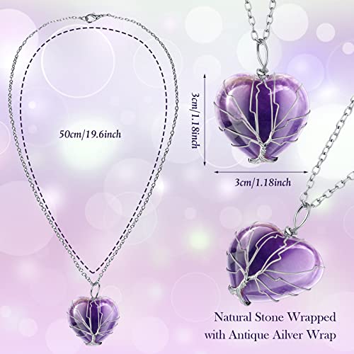Sureio 4 Pcs Tree Life Healing Crystal Necklace Heart Shape Pendant Rose Quarts Necklace Energy Gemstone Pendant for Woman Valentine Mothers Day