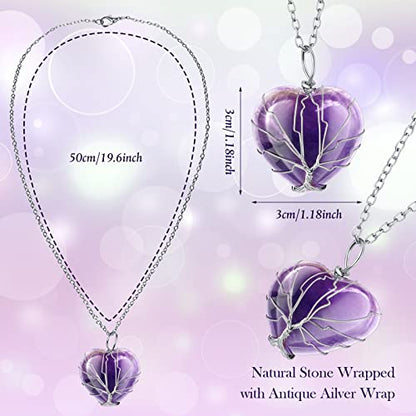 Sureio 4 Pcs Tree Life Healing Crystal Necklace Heart Shape Pendant Rose Quarts Necklace Energy Gemstone Pendant for Woman Valentine Mothers Day