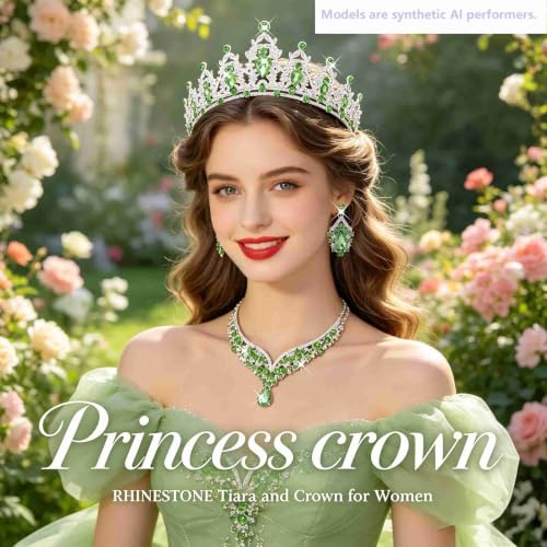 Kamirola Bridal Wedding Tiara Crown Jewelry Set for Women/Brides/Bridesmaids Crystal Jewelry Set for Wedding Prom Party Bridal Crystal Necklace Earrings Bracelet Set(TR60) - color: Silver Light Green
