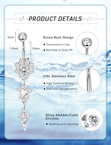 JOERICA 3-6Pcs 14G 316L Stainless Steel Belly Button Rings for Women Flower CZ Dangle Belly Button Rings Navel Piercing Jewelry - style: 6Pcs,Silver-tone