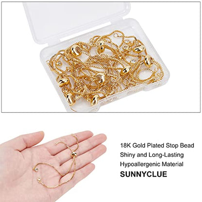 SUNNYCLUE 1 Box 10Pcs Brass Slider Chain 9" Adjustable Slider Chain Bracelet Round Box Chain Slider Extender Chains with Rhinestone Ball Ends for Women - color: Golden Box Chain, Rhinestone End