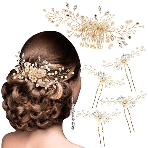 ULTIMUTE Hair Comb and 4 Pins Bridal Hair Accessories, Pearl Crystal Rhinestone Wedding Hair Comb and Hair Pins for Brides Bridesmaids Women Girls (Gold, 5 Pieces) - color: Gold