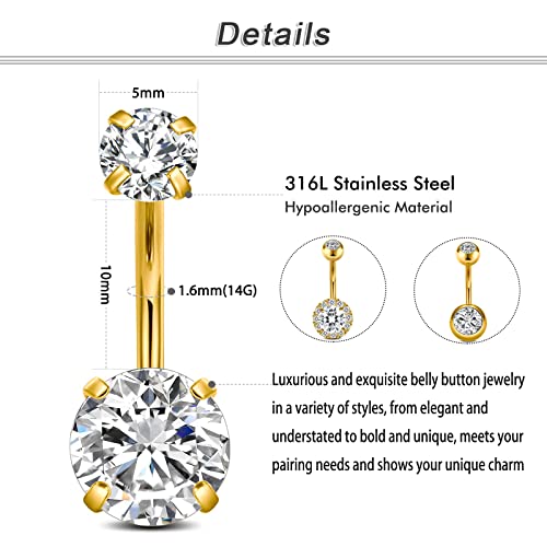 Incaton 14G Belly Button Rings, Stainless Steel Diamond Short Bar Belly Rings For Women, 6mm/10mm Hypoallergenic Navel Piercings With Gift Velvet Pouch - color: Gold 10mm
