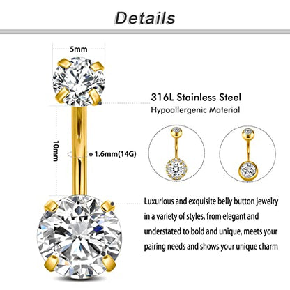 Incaton 14G Belly Button Rings, Stainless Steel Diamond Short Bar Belly Rings For Women, 6mm/10mm Hypoallergenic Navel Piercings With Gift Velvet Pouch - color: Gold 10mm