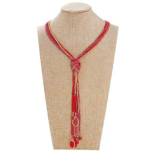 Coiris Long Seed Beaded Multi Strand Necklace,10 Multiple Statement Long Bib Necklace with Tie Knot for Women and Girls Jewelry - color: Red