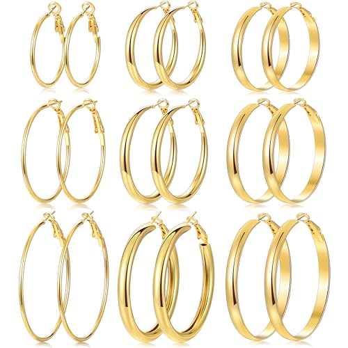 12 Pairs Gold Hoop Earrings Set for Women, Lightweight Big/Large Hoop Earrings Multipack, Hypoallergenic Gold Hoops Earrings Pack for Jewelry Gift 30mm/40mm/50mm - color: gold-large