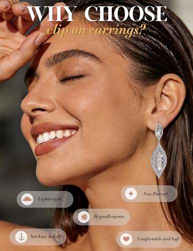 THUNARAZ Clip on Earrings for Women Non Pierced Glitter Rhinestone Crystal | Clip-On Earrings, Wedding Bridal Earrings, Non Pierced Ears, Dangle Earrings, Fake Earrings, Fashion Jewelry - color: Silver