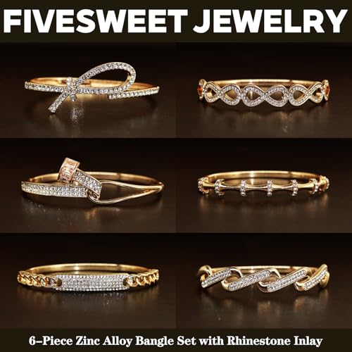 Pack of 6 - Gold Bracelet Bangles Bulk Set for Women,Trendy Stackable, Zinc Alloy Rivet & Four-Leaf Clover Design Stackable Bangles with Rhinestones, 7-inch Circumference Fits Most Adults, Jewelry Gift for Her, Girlfriend, Wife, Mom, Sister, Lover on Birt