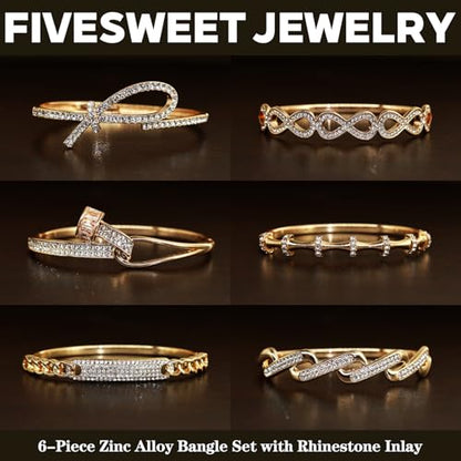Pack of 6 - Gold Bracelet Bangles Bulk Set for Women,Trendy Stackable, Zinc Alloy Rivet & Four-Leaf Clover Design Stackable Bangles with Rhinestones, 7-inch Circumference Fits Most Adults, Jewelry Gift for Her, Girlfriend, Wife, Mom, Sister, Lover on Birt