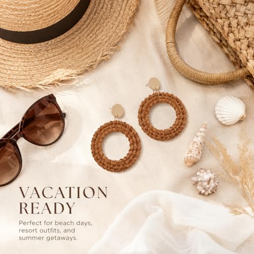 Handmade Raffia Rattan Bohemian Dangle Earrings for Women, Woven Rattan Round Drop Dangle Earrings Beach Jewelry - color: Round A