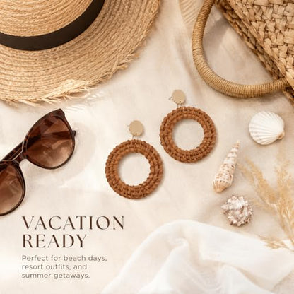 Handmade Raffia Rattan Bohemian Dangle Earrings for Women, Woven Rattan Round Drop Dangle Earrings Beach Jewelry - color: Round A