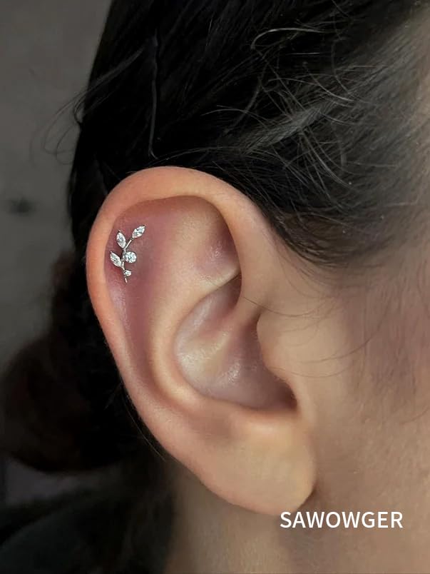 16G Titanium Flat Back Earrings for Women Conch/Helix/Foward Helix/Tragus/Hypoallergenic Piercing Jewelry Internal Thread Cartilage Stud Gold Silver CZ Branch Earrings - color: Silver-For Wearer Right Ear