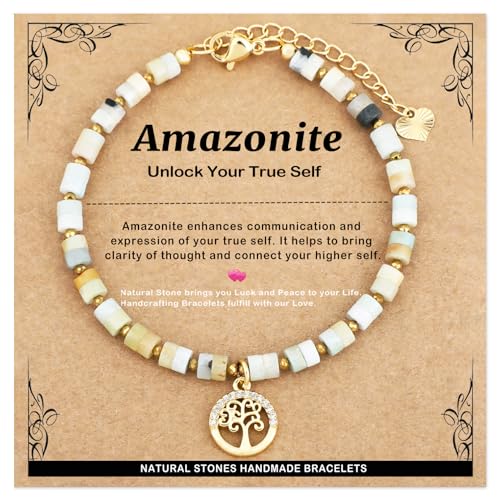 Natural Gemstone Healing Crystal Dainty Charms Bracelet Adjustable Chain Extender Minimalist Jewelry - color: Multicolor Amazonite + Tree of Life