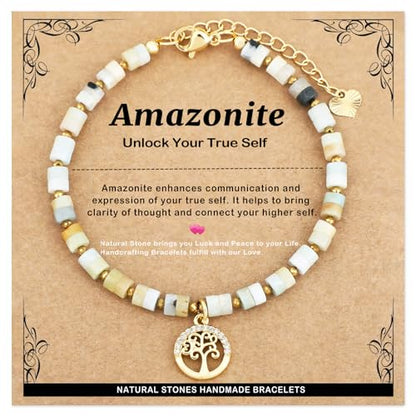 Natural Gemstone Healing Crystal Dainty Charms Bracelet Adjustable Chain Extender Minimalist Jewelry - color: Multicolor Amazonite + Tree of Life