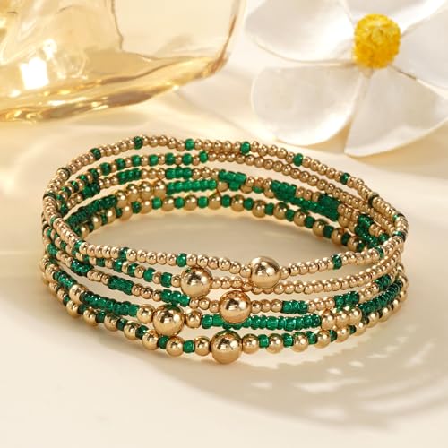 Gold Small Ball Seed Bead Stackable Bracelets Set For Women, Stretch Accessories Handmade Dainty, Daily Party Friendship Gift - color: Green